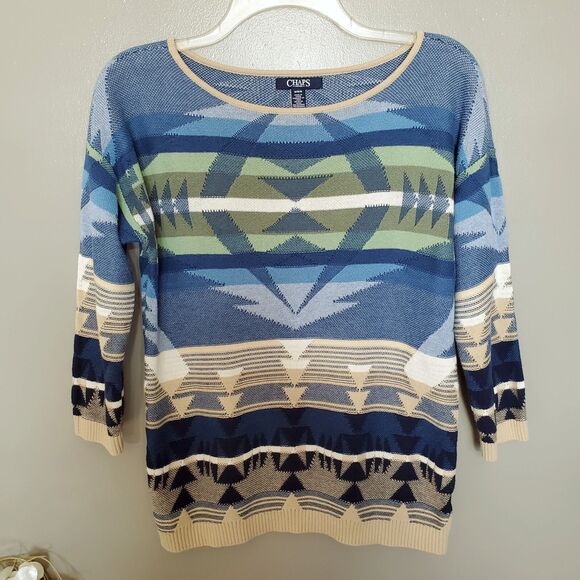 Chaps Denim Ralph Lauren Sweater Womens Size Medium Geometric Blue Green Knit - Picture 1 of 8